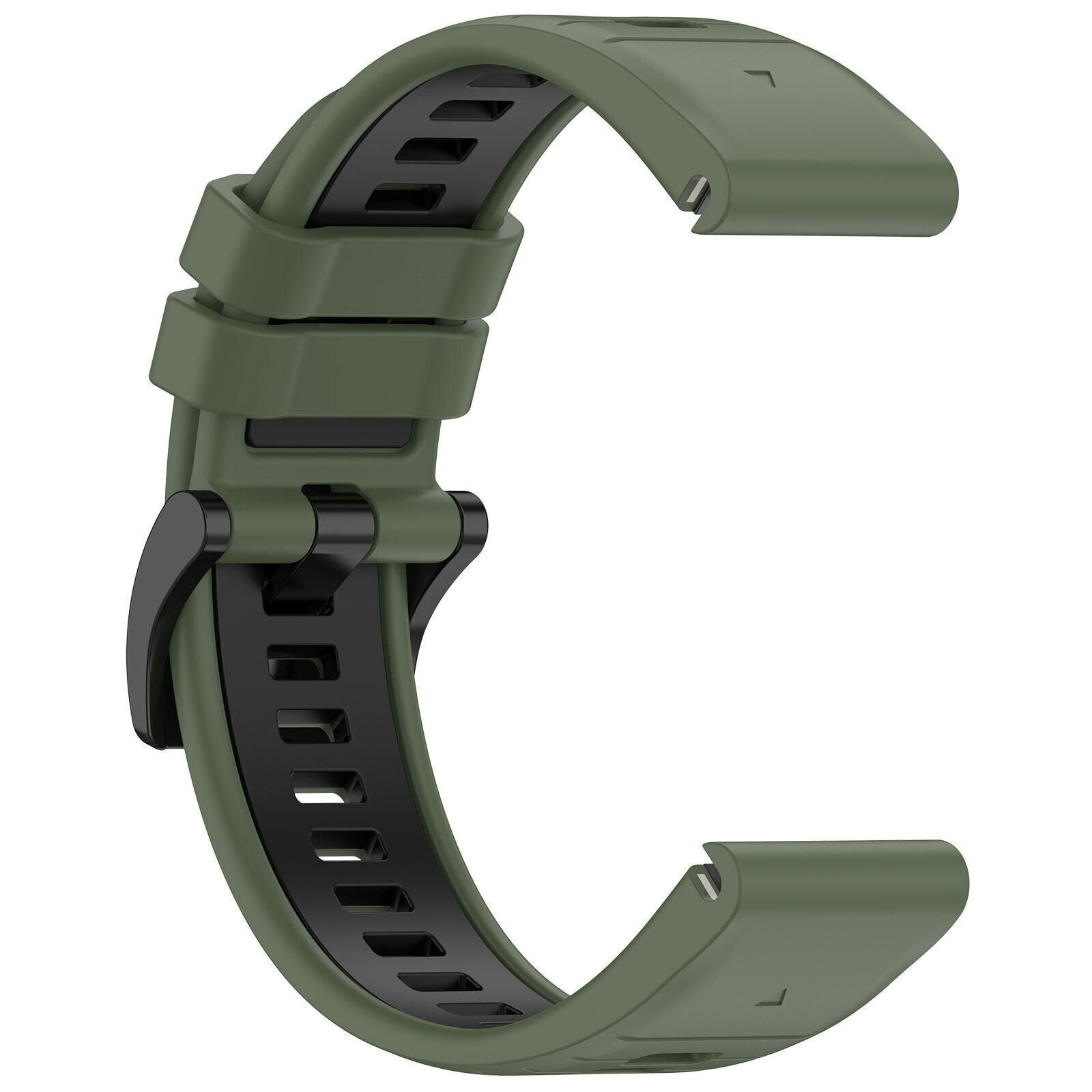 Grünes und schwarzes Uhrenarmband. Das Armband ist gewölbt mit schwarzem Innen- und grünem Außenbereich. Details sind Löcher und eine Schnalle.