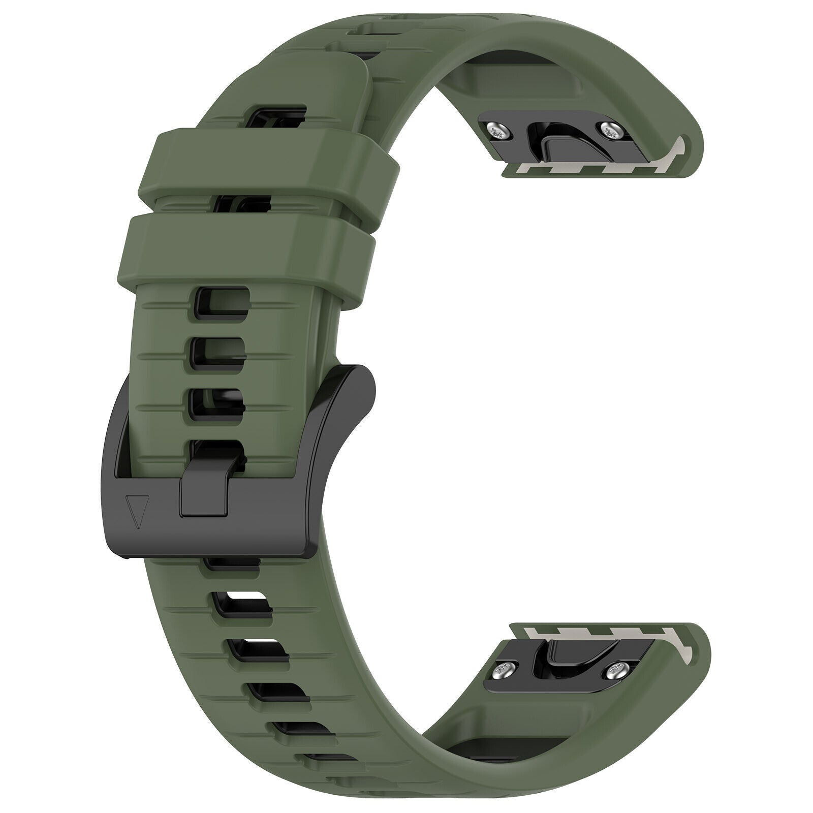 Ein olivgrünes Uhrenarmband mit schwarzem Verschluss wird vor weißem Hintergrund gezeigt. Das Band ist gebogen und hat mehrere Verstelllöcher.