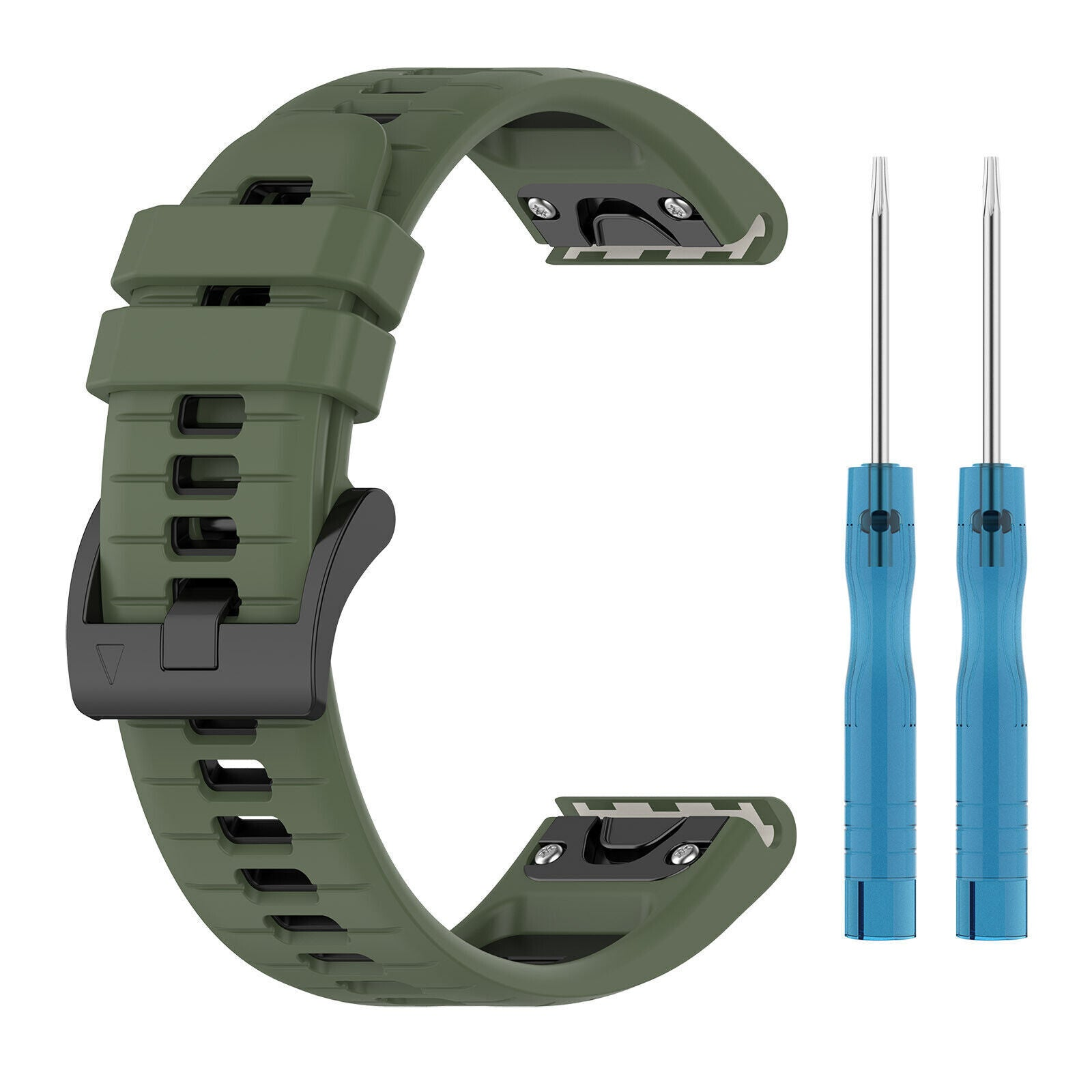Ein olivgrünes Uhrenarmband mit schwarzer Schnalle und zwei blauen Schraubendrehern auf weißem Hintergrund.