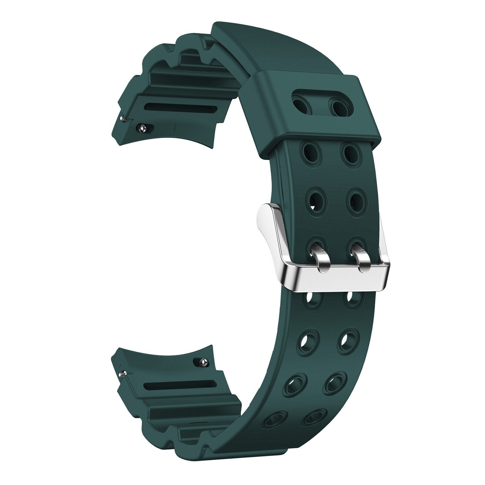 Dunkelgrünes Armband mit silberner Schnalle. Es hat mehrere Löcher zur Anpassung und ein strukturiertes Design.
