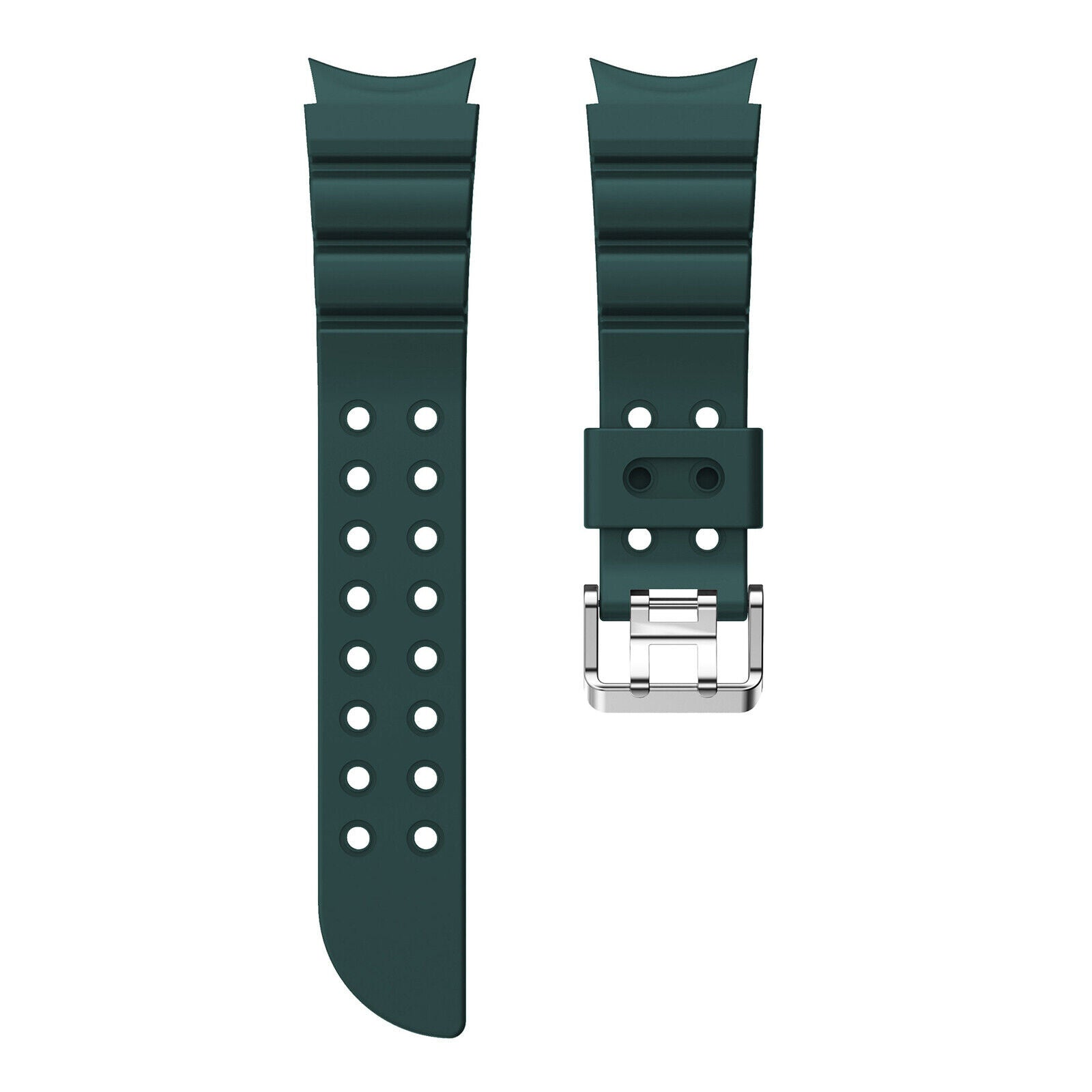 Zwei dunkelgrüne Uhrenarmbänder auf weißem Hintergrund. Eines hat Löcher, das andere eine silberne Schnalle.