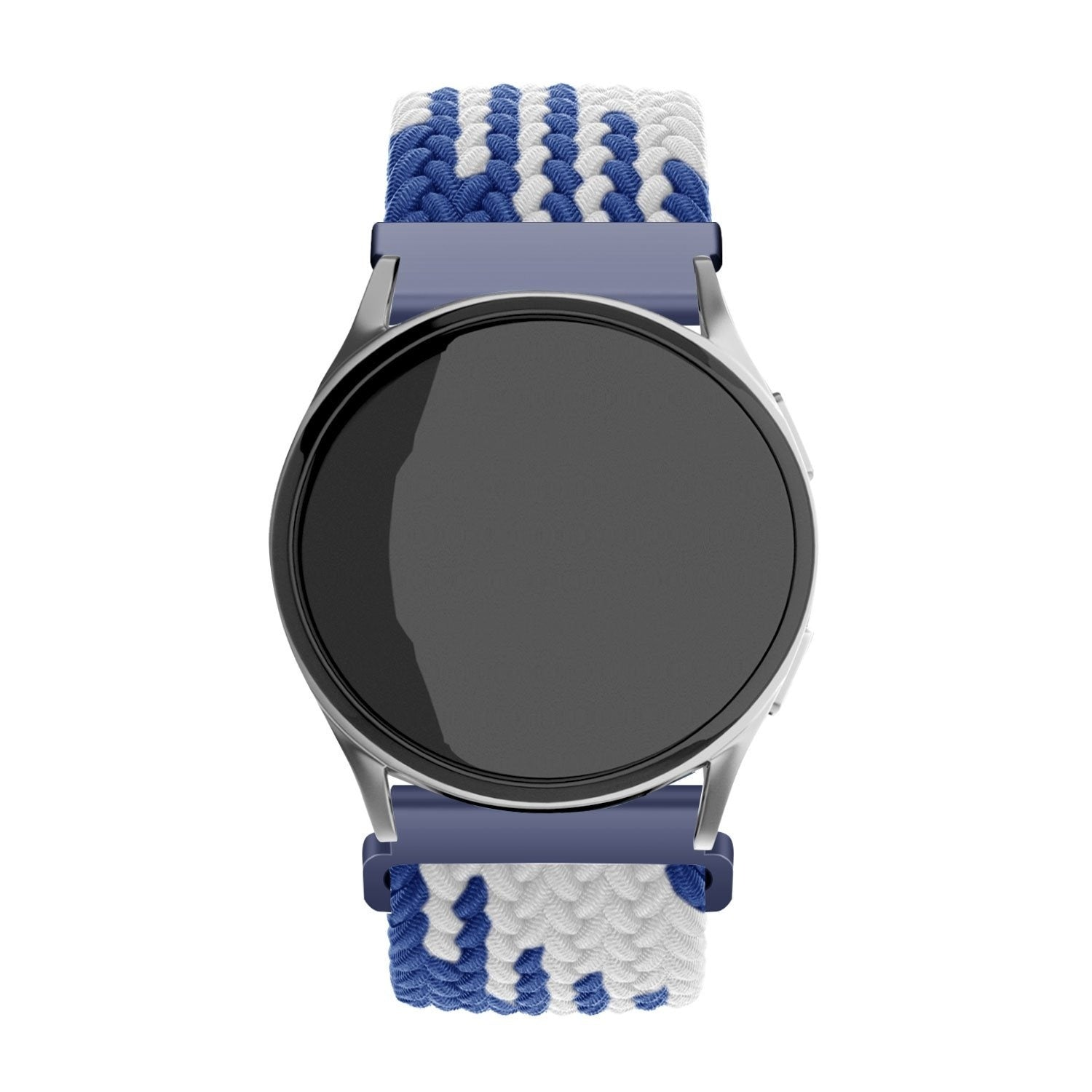 Eine Smartwatch mit schwarzem Bildschirm. Das Armband ist blau und weiß geflochten. Die Uhr ist silberfarben.