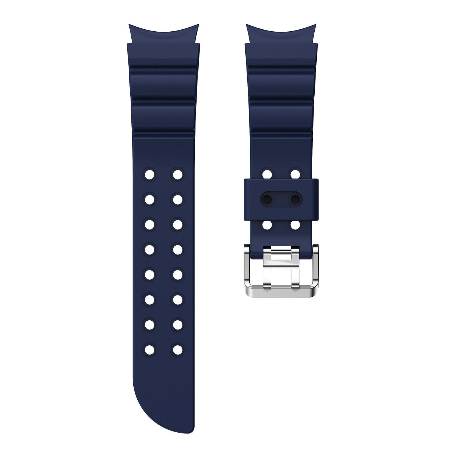 Zwei dunkelblaue Uhrenarmbänder mit weißem Hintergrund. Ein Armband hat Löcher, das andere eine silberne Schnalle.