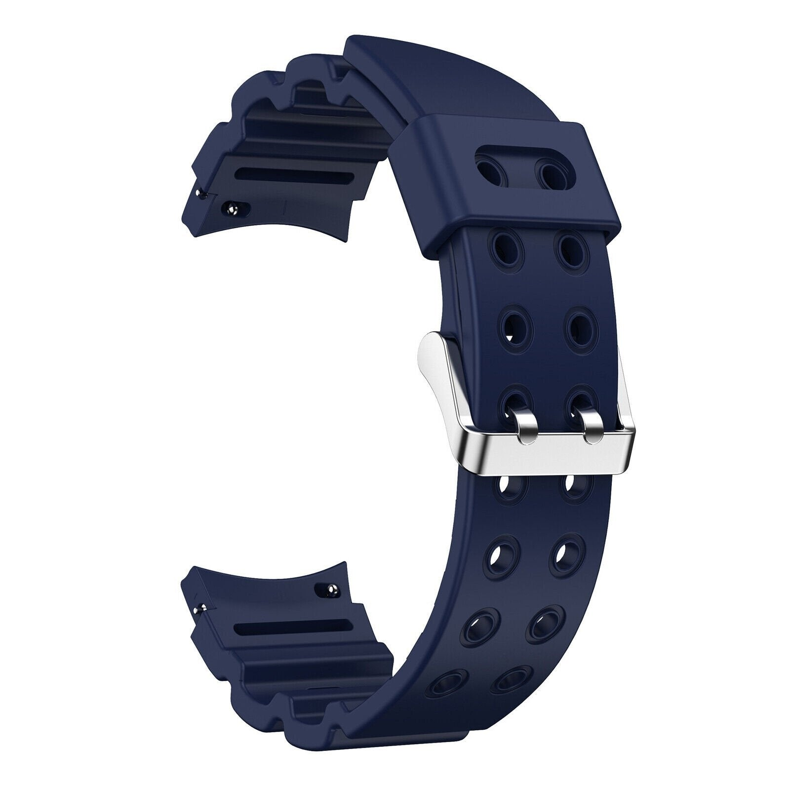 Ein dunkelblaues Uhrenarmband wird gezeigt. Es hat eine silberne Schnalle und mehrere Löcher. Der Hintergrund ist weiß.