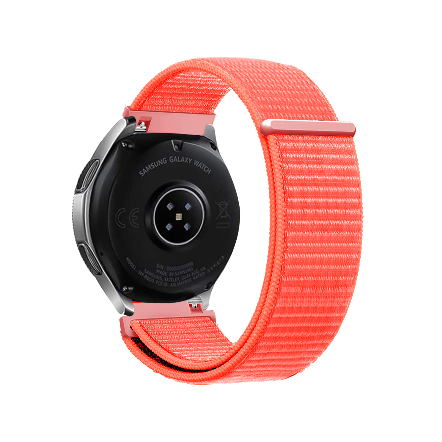 Eine Samsung Galaxy Watch mit einem korallenfarbenen Stoffarmband. Die Uhr ist schwarz und silber. Das Armband ist um die Uhr geschlungen.
