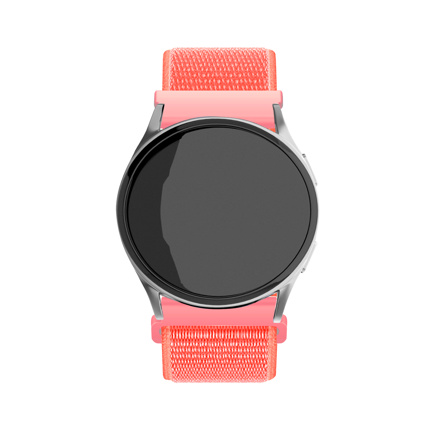 Eine silberne Smartwatch mit schwarzem Bildschirm und rosa Armband. Das Armband besteht aus Stoff mit strukturiertem Muster. Isoliert auf Weiß.