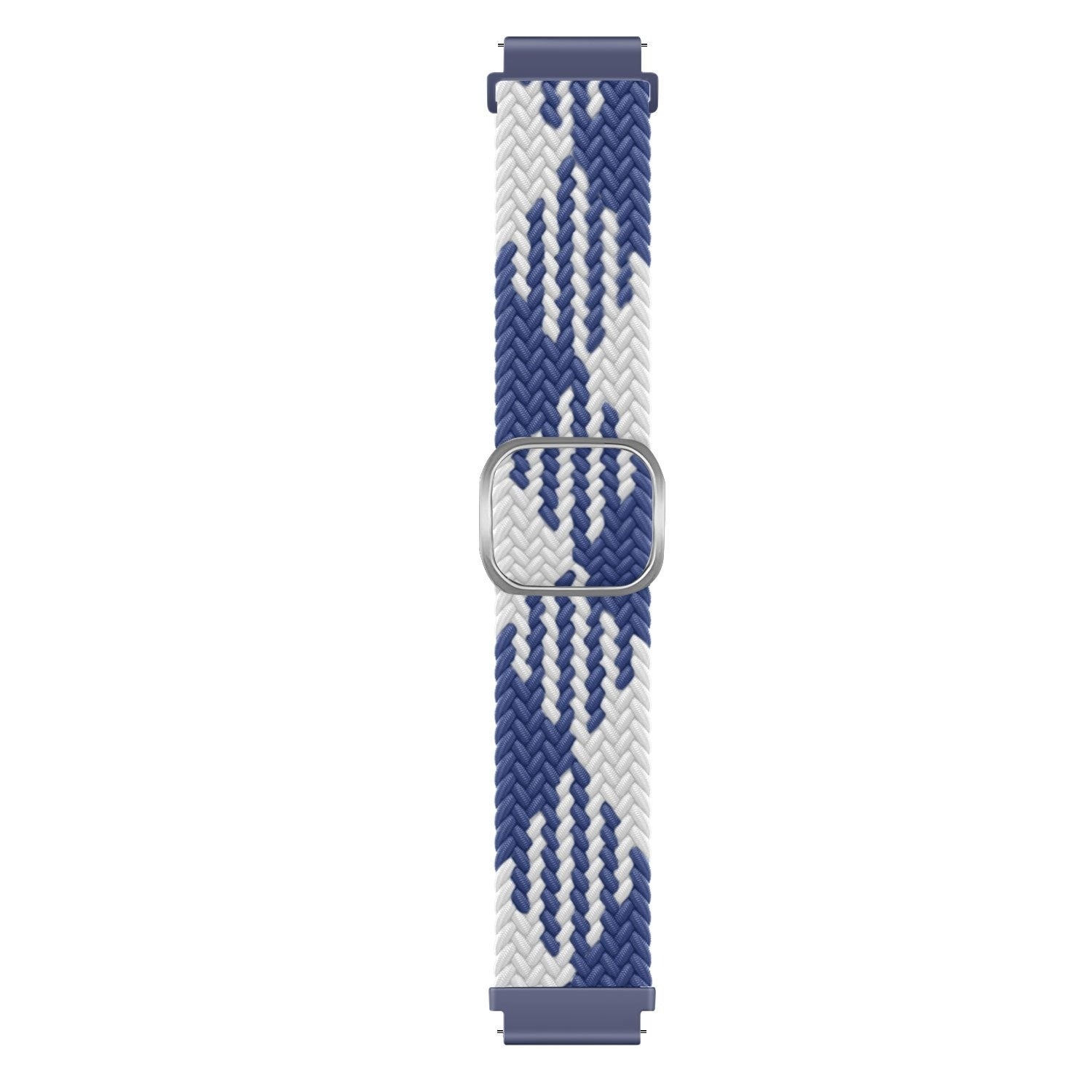 Ein blau-weiß geflochtenes Uhrenarmband vor weißem Hintergrund. Es hat eine silberne Schnalle und blaue Anschlüsse.