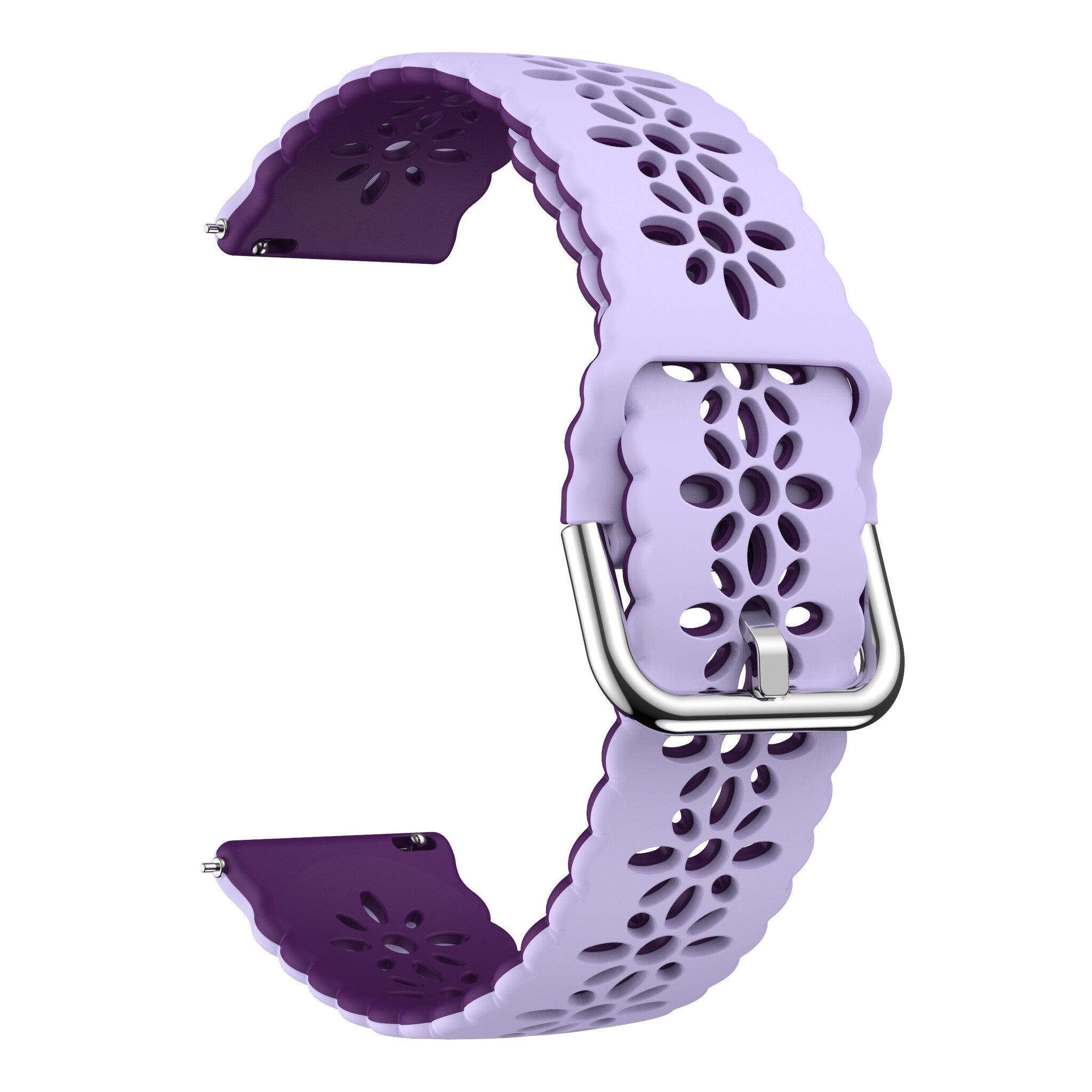 Ein lavendel- und lilafarbenes Uhrenarmband mit einer silbernen Schnalle. Das Armband hat blütenförmige Aussparungen und ist isoliert.
