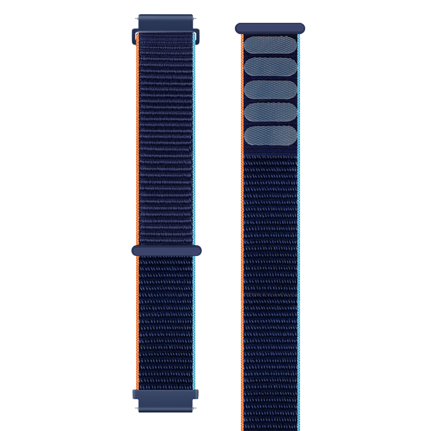 Zwei Uhrenarmbänder. Dunkelblaue Bänder mit orangefarbenen und hellblauen Kanten. Eines hat eine Schnalle, das andere einen Klettverschluss.