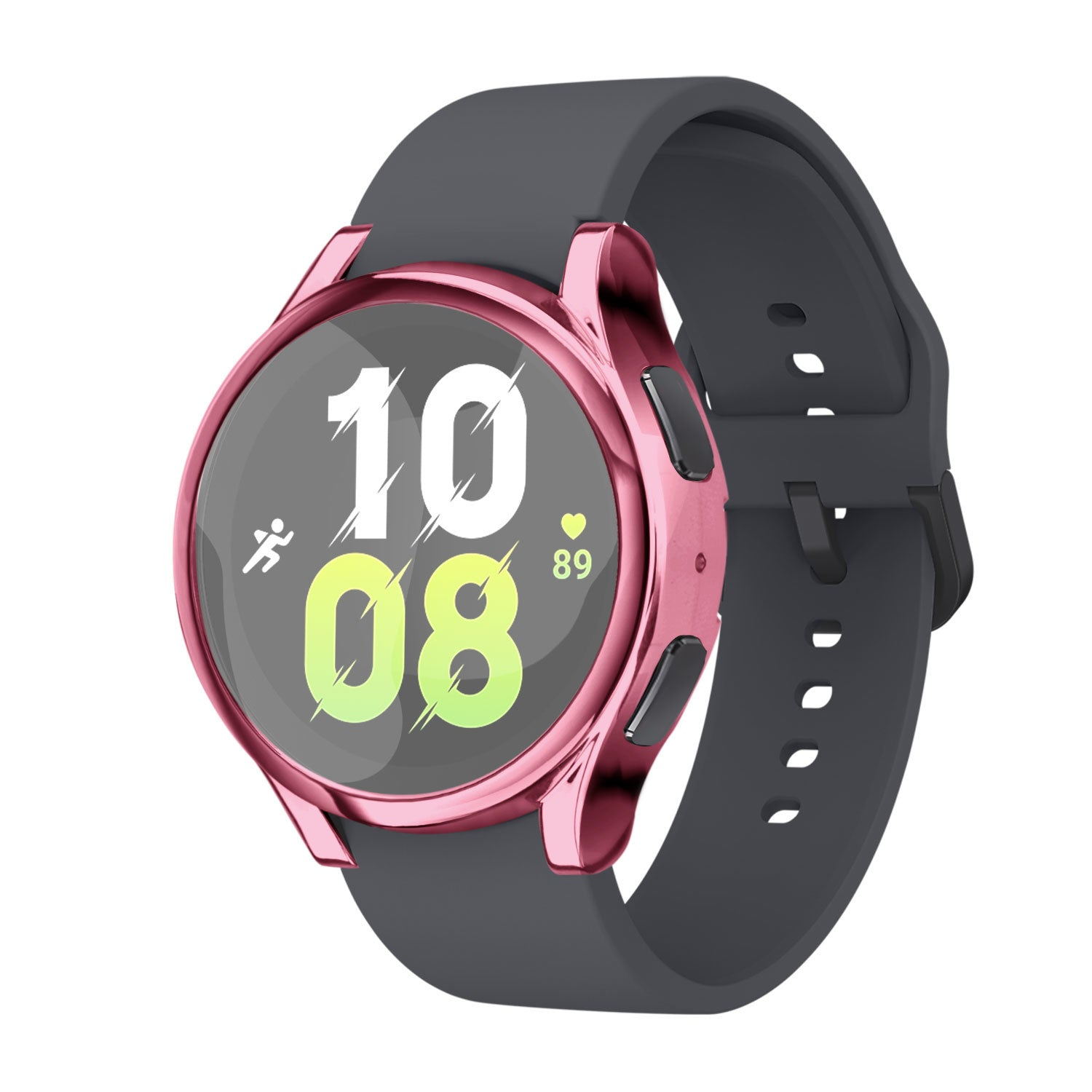 Eine Smartwatch mit rosafarbener Lünette und grauem Armband zeigt die Uhrzeit 10:08 an. Ein Lauf-Symbol und eine Herzfrequenz von 89 sind ebenfalls sichtbar.