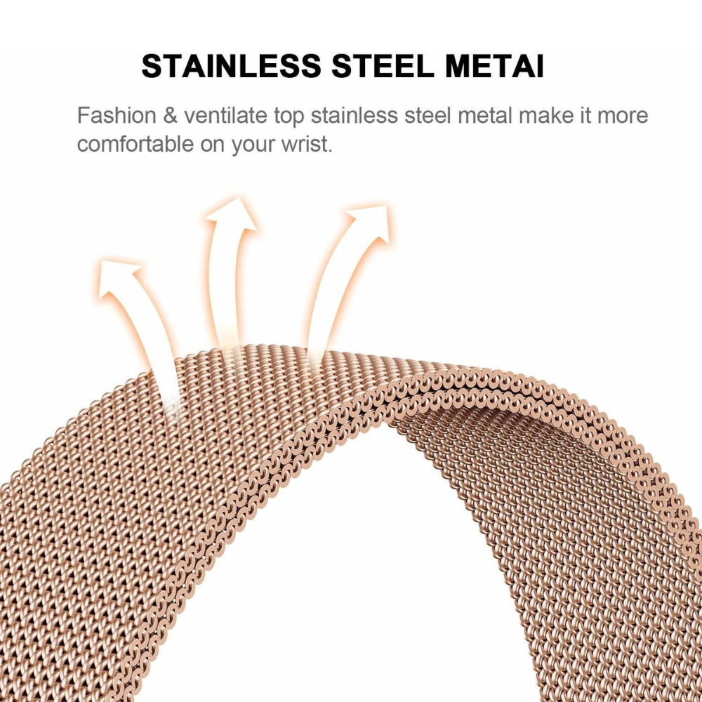 Nahaufnahme eines roségoldenen Edelstahl-Uhrenarmbands mit drei Pfeilen nach oben. Text: Edelstahl-Metall. Mode & Belüftung.