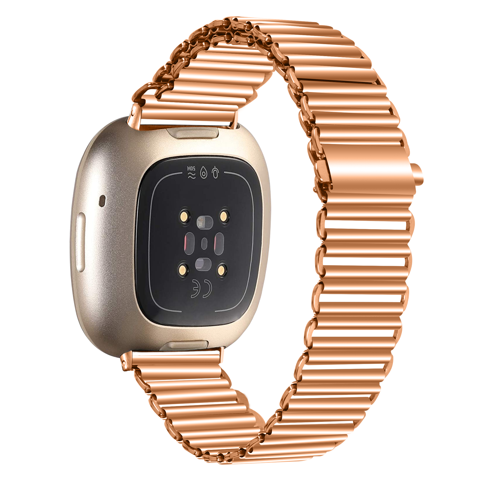 Eine goldene Smartwatch mit einem Gliederarmband. Das Zifferblatt ist schwarz mit Anzeigen. Es ist vor weißem Hintergrund.