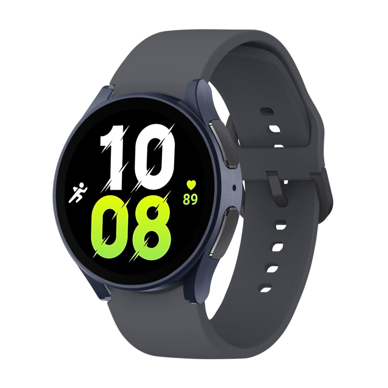 Eine Smartwatch mit dunkelblauem Rahmen und grauem Armband, die die Zeit 10:08 anzeigt. Das Zifferblatt ist schwarz mit weißen und grünen Details.