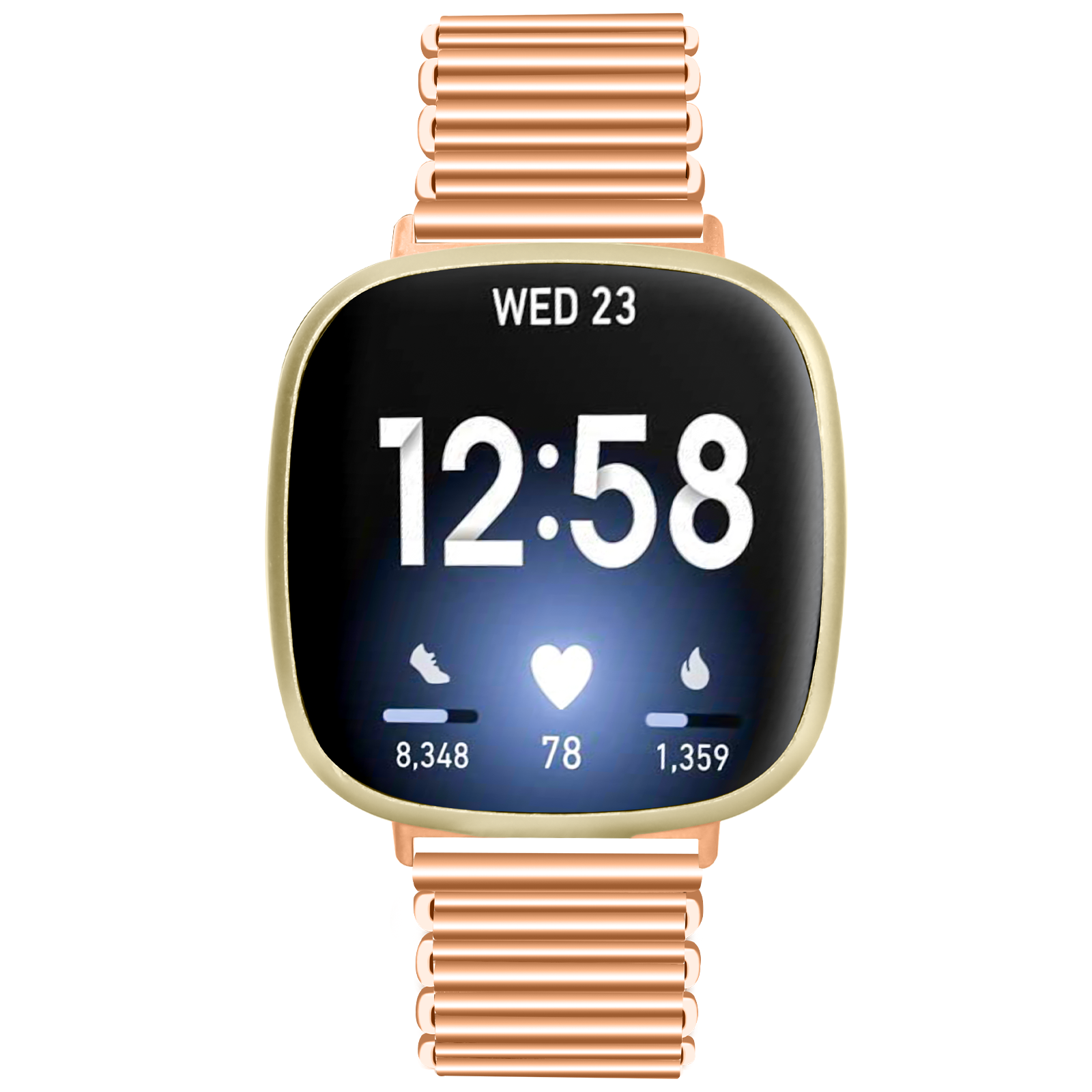 Eine roségoldene Smartwatch zeigt die Uhrzeit 12:58 und Aktivitätsstatistiken an. Sie hat eine goldene Lünette und ein Metallband.
