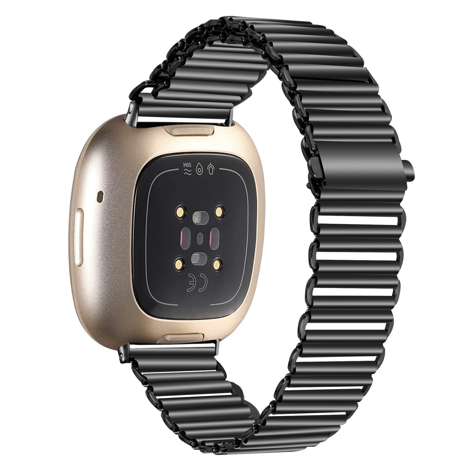 Goldene Smartwatch mit schwarzem Metallarmband. Das Zifferblatt ist schwarz mit Sensoren. Das Band besteht aus Metallgliedern.