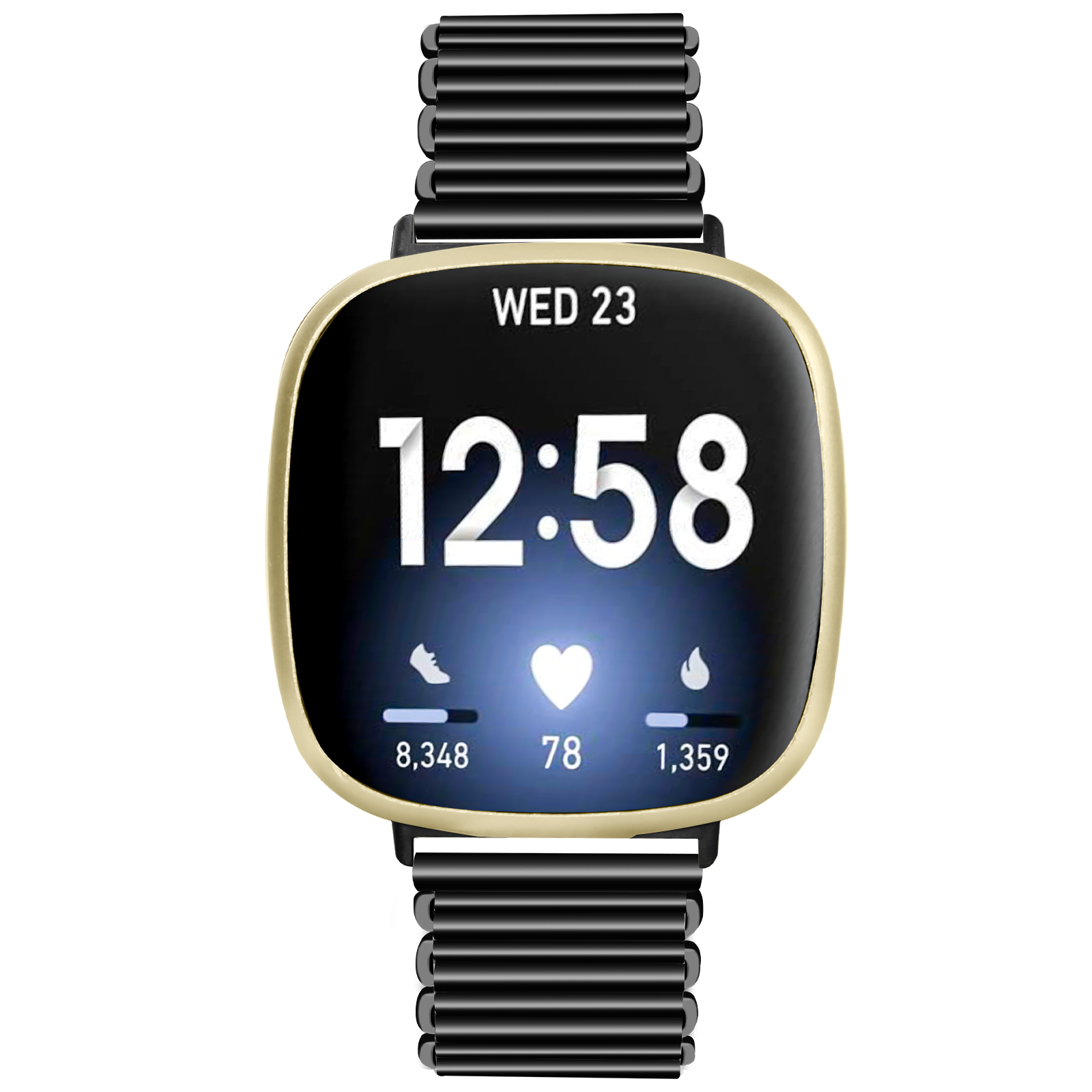 Eine goldgerahmte Smartwatch mit schwarzem Bildschirm zeigt Uhrzeit und Aktivitätsstatistiken. Ein schwarzes Metallband ist angebracht.