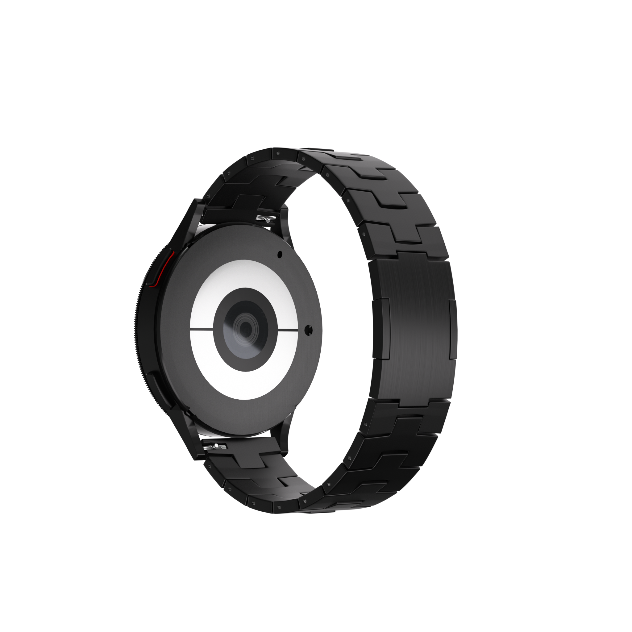 Schwarze Smartwatch mit Metallarmband. Das Zifferblatt ist rund mit weißem Zentrum und schwarzem Außenring.