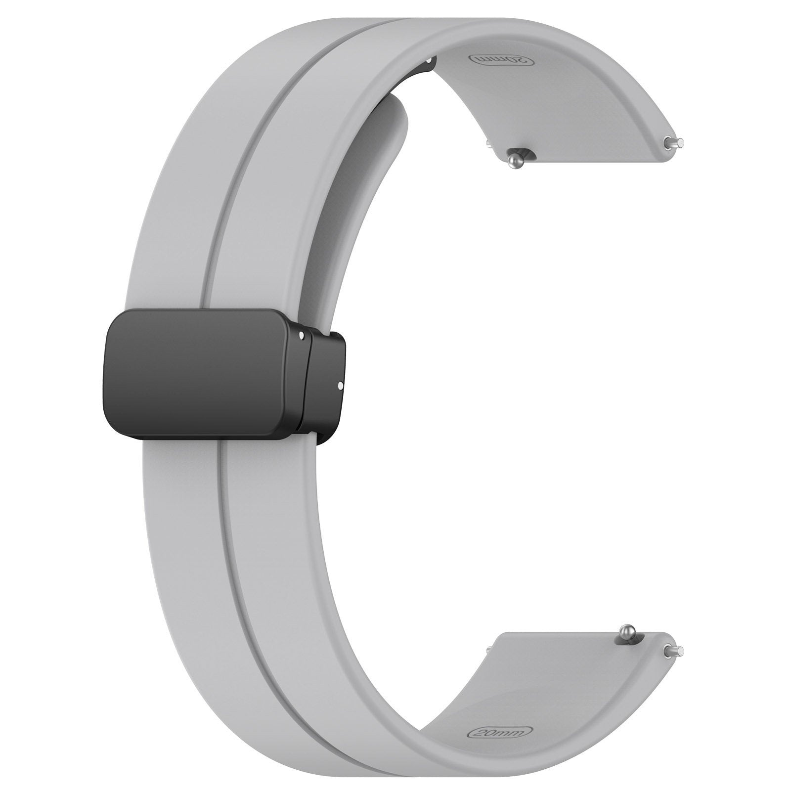 Ein hellgraues Uhrenarmband mit schwarzer Schnalle. Das Armband ist gebogen und scheint aus Silikon zu sein, mit weißem Hintergrund.