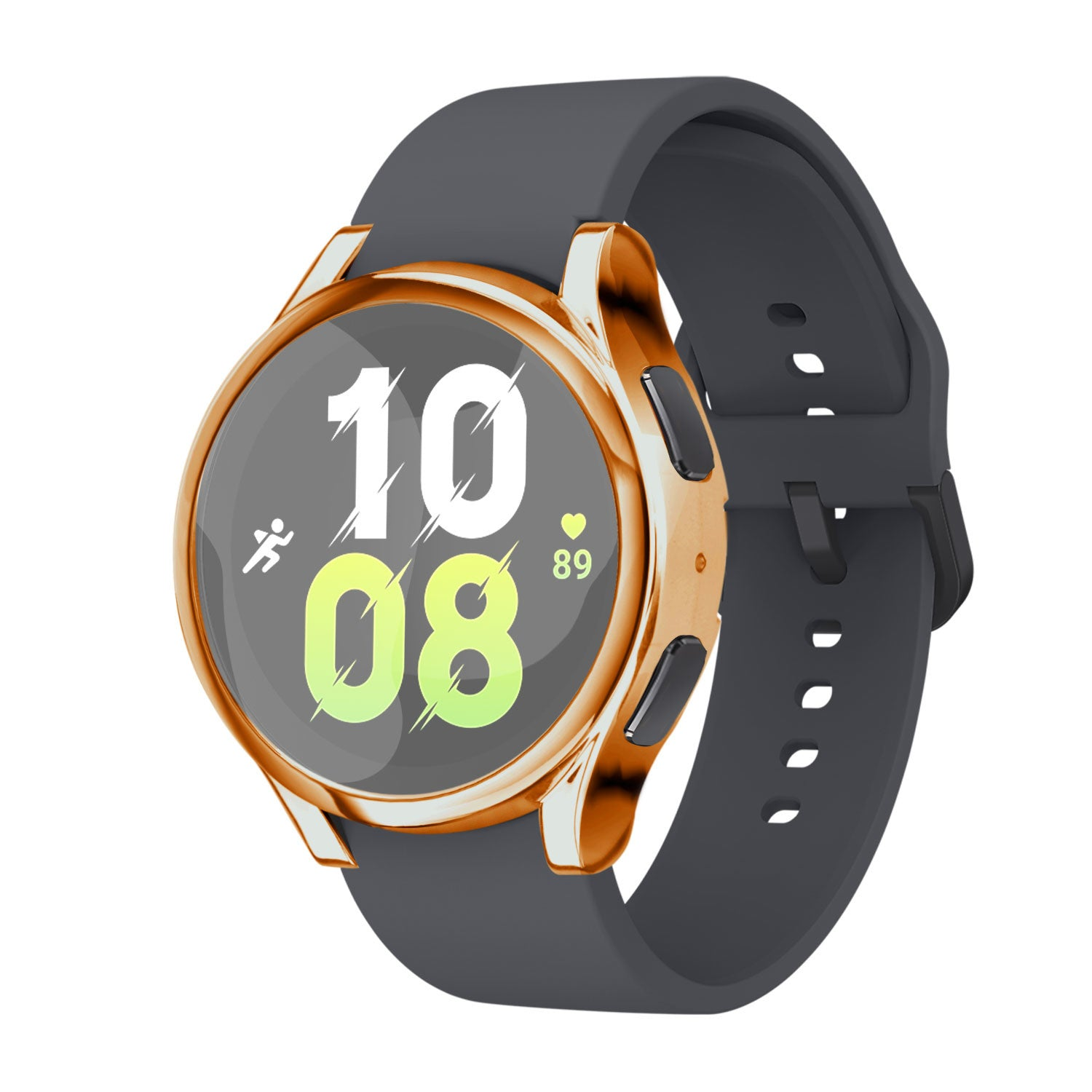 Eine Smartwatch mit goldener Lünette und grauem Armband zeigt die Uhrzeit 10:08 an. Sie zeigt ein Laufsymbol und Herzfrequenz 89.
