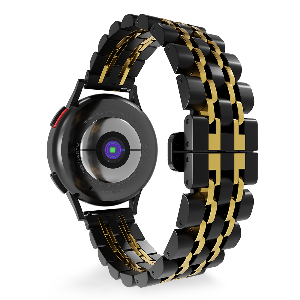 Schwarze Smartwatch mit einem gold-schwarzen Metallarmband. Die Rückseite der Uhr hat einen Sensor und eine rote Taste.