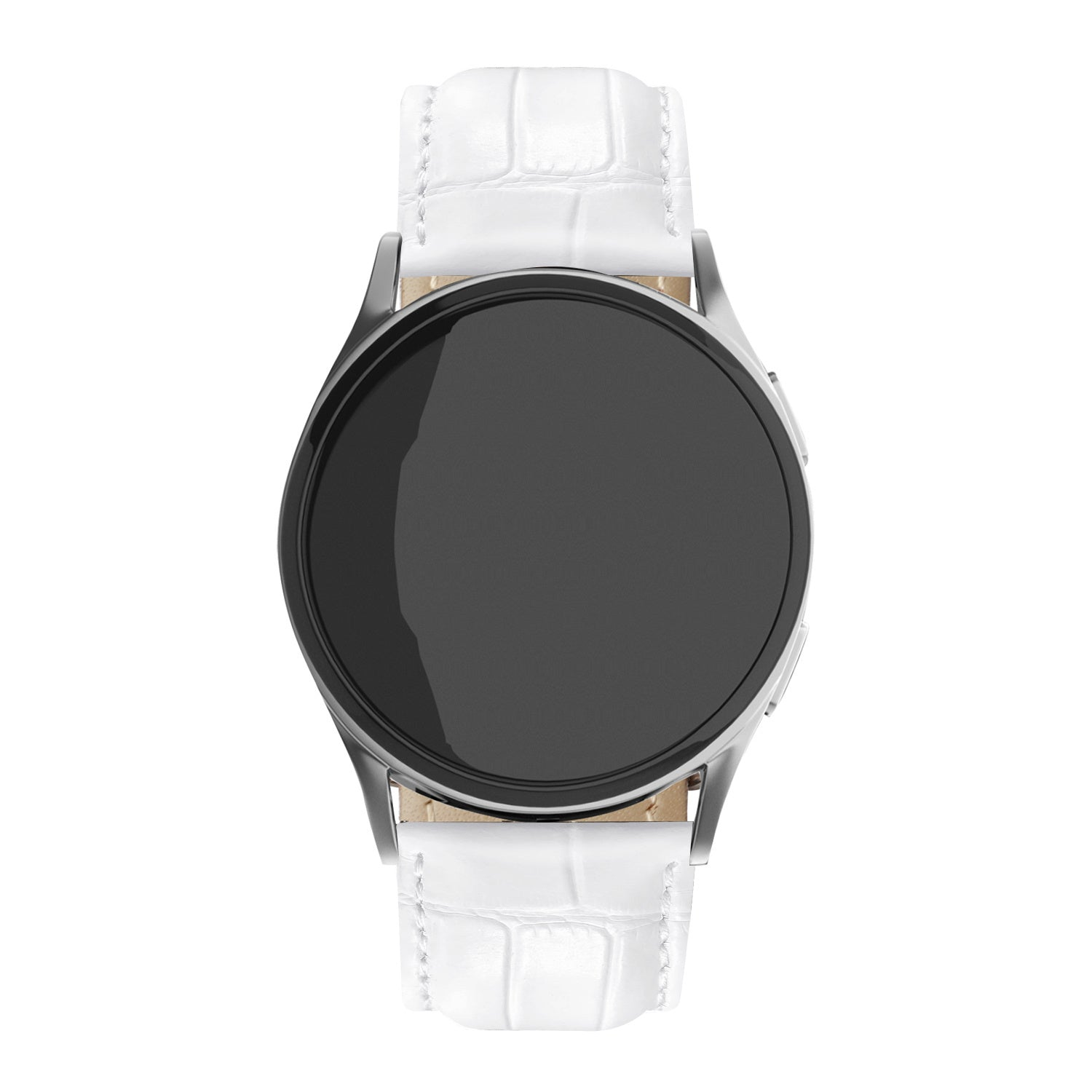 Eine silberne Smartwatch mit schwarzem Bildschirm und weißem Lederarmband. Das Band hat ein strukturiertes Muster, und die Uhr ist zentriert.