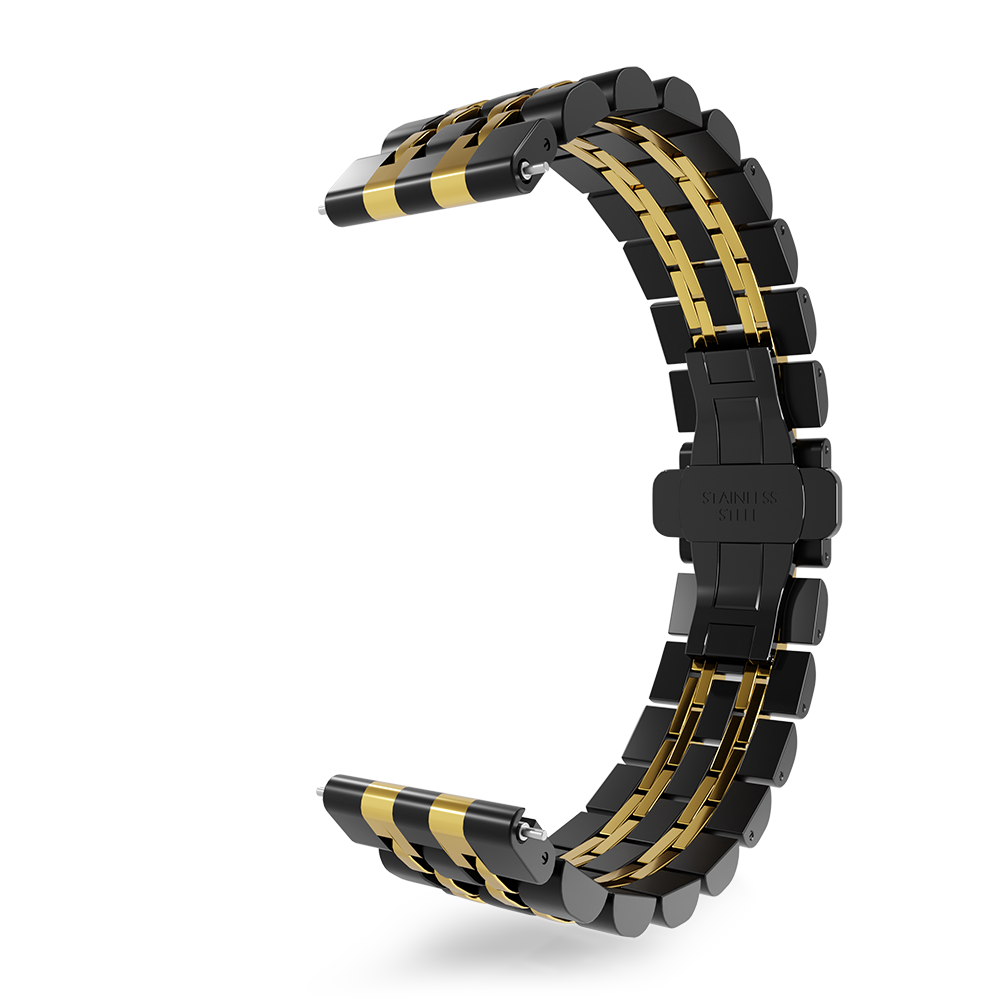 Schwarzes und goldenes Uhrenarmband. Das Band ist gebogen und besteht aus ineinandergreifenden Gliedern. Der Verschluss sagt 'Edelstahl'.