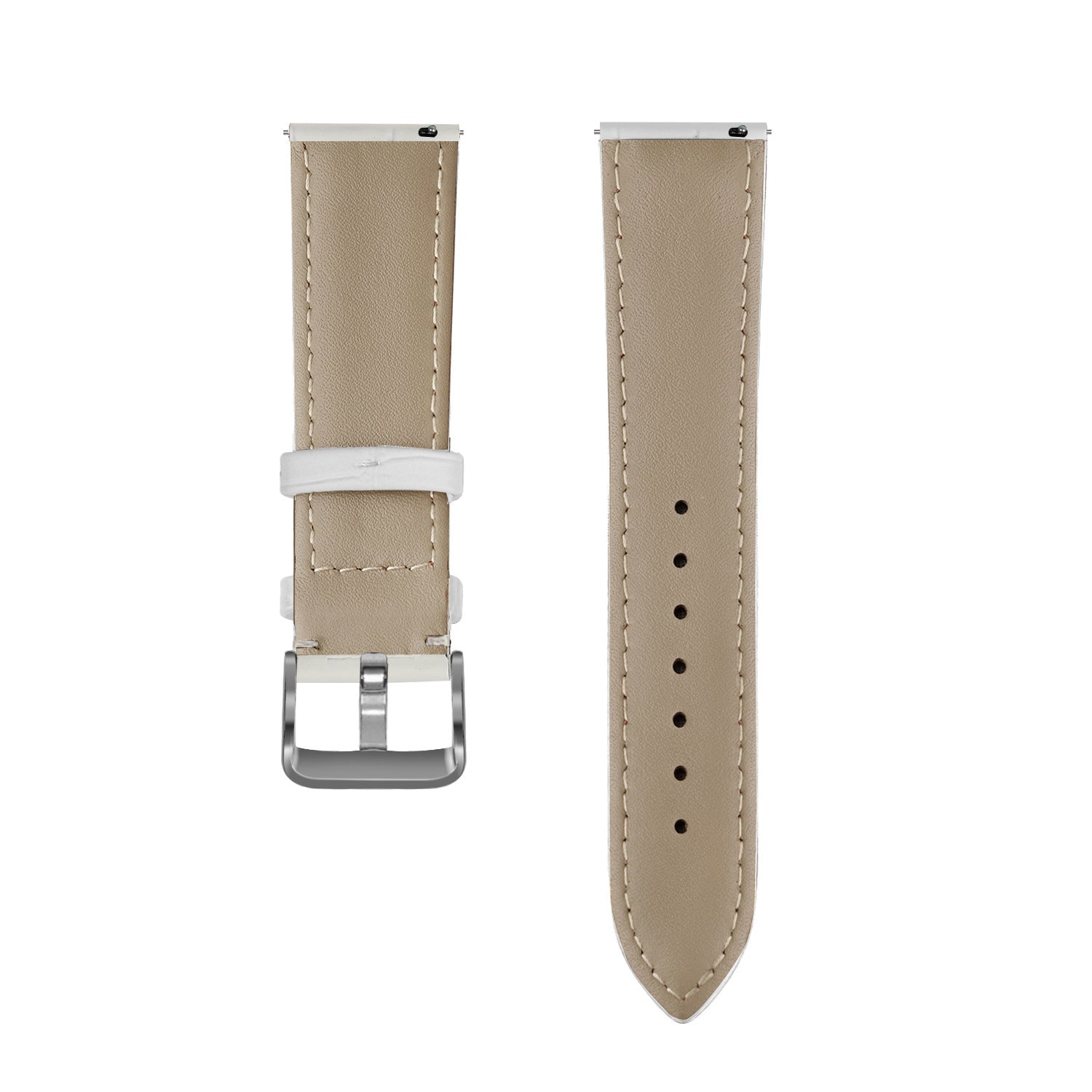Zwei beige Lederarmbänder für Uhren. Eines mit weißem Verschluss und silberner Schnalle, das andere mit Löchern.