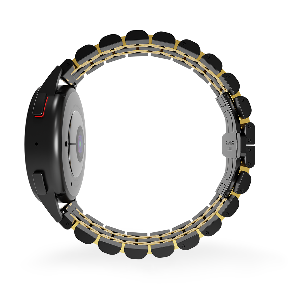 Schwarze Smartwatch mit schwarzem und goldenem Armband, Seitenansicht. Die Uhr zeigt ihre Rückseite mit einem Kameraobjektiv.