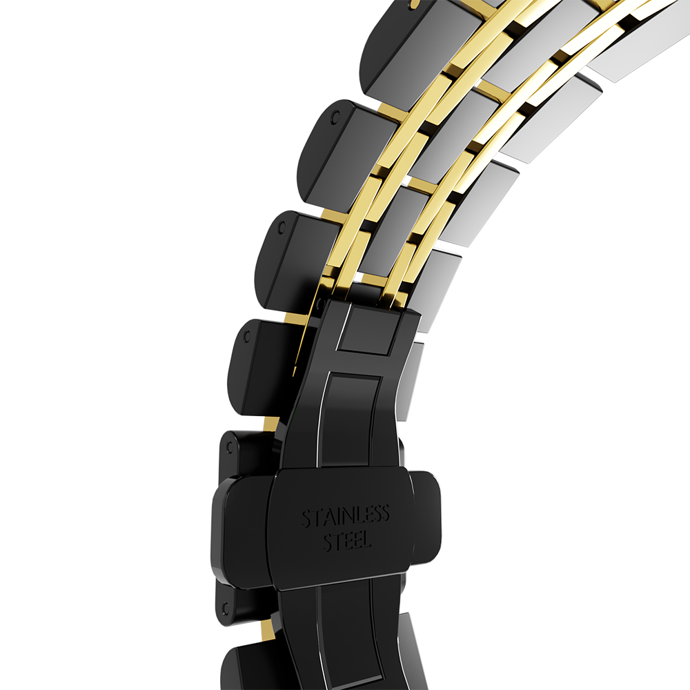 Nahaufnahme eines schwarzen und goldenen Edelstahl-Uhrenarmbands. Die Worte 'STAINLESS STEEL' sind sichtbar.