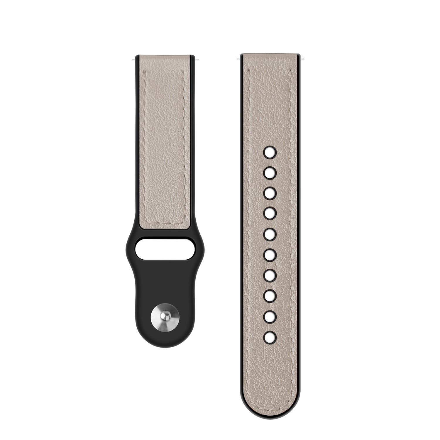 Zwei Uhrenarmbänder. Eines hat eine schwarze Schnalle und einen Metallstift. Beide sind hellbraun mit schwarzen Rändern und Löchern zur Anpassung.
