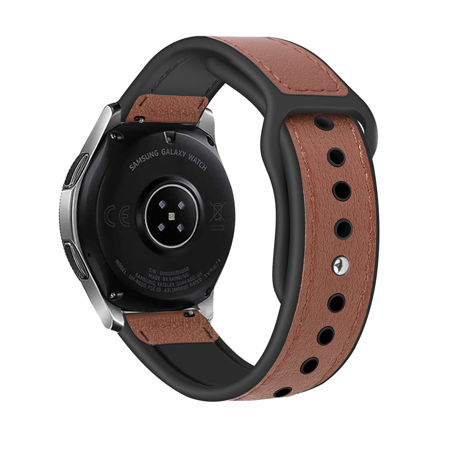 Eine Samsung Galaxy Watch mit braunem Lederarmband und schwarzem Rahmen wird von hinten gezeigt. Die Uhr befindet sich auf weißem Hintergrund.