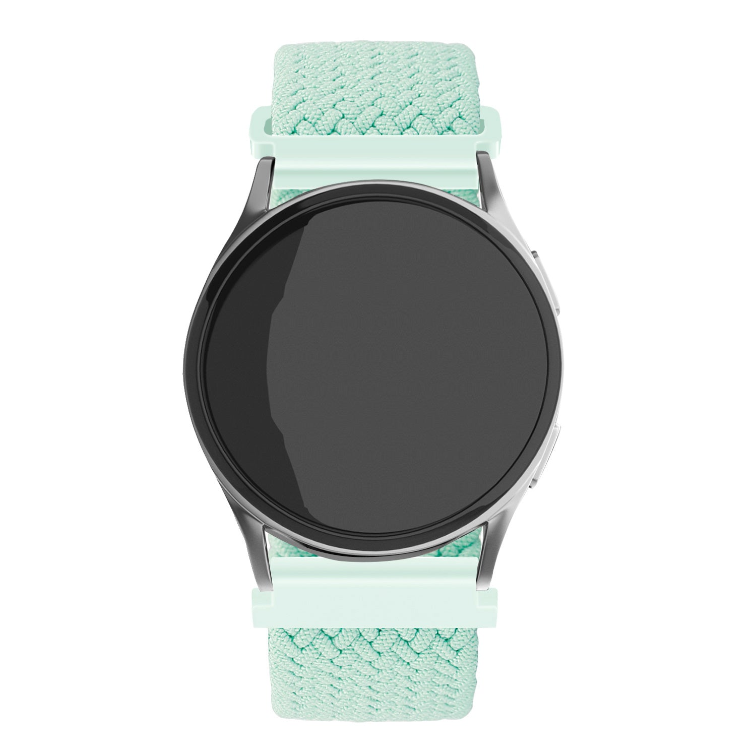 Eine runde Smartwatch mit schwarzem Bildschirm und hellgrünen Armbändern. Die Armbänder bestehen aus gewebtem Stoff und sind an einem silbernen Gehäuse befestigt.