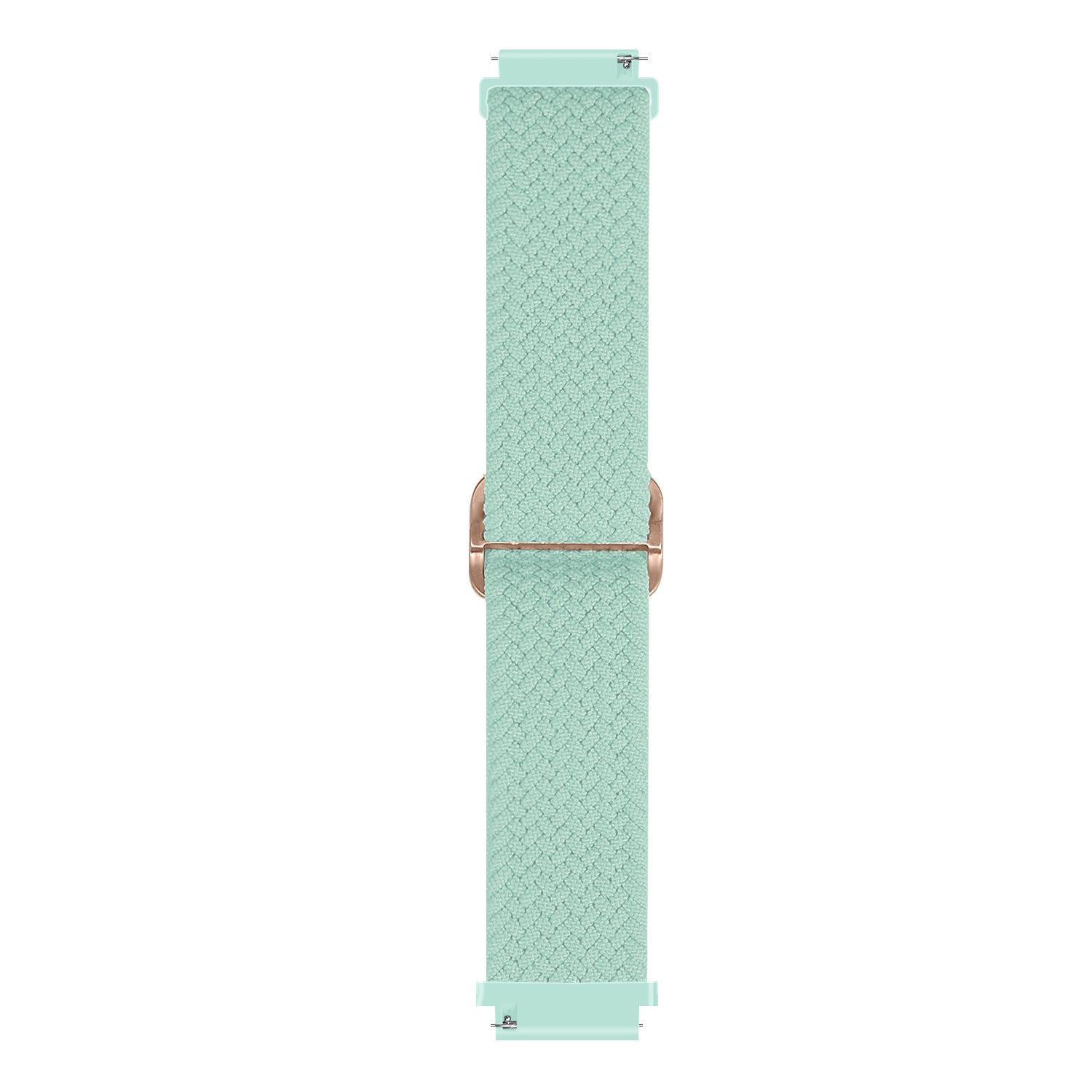 Ein hellgrünes Uhrenarmband liegt vertikal. Es hat eine gewebte Textur und eine roségoldene Schnalle. Der Hintergrund ist weiß.