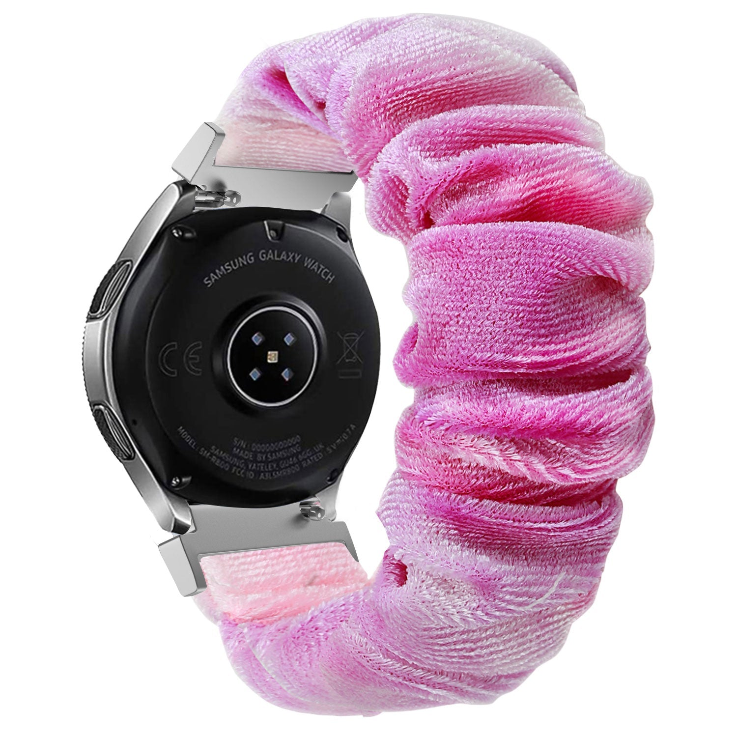 Eine Samsung Galaxy Watch mit einem rosafarbenen Scrunchie-Band. Die Uhr ist schwarz mit silbernen Akzenten. Das Band ist strukturiert und flauschig.