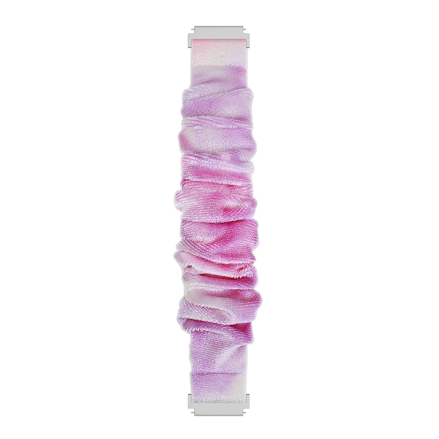 Ein gerüschtes, ombrefarbenes Uhrenarmband. Farben gehen von Pink zu Lila über. Silberne Verbinder an jedem Ende. Weißer Hintergrund.