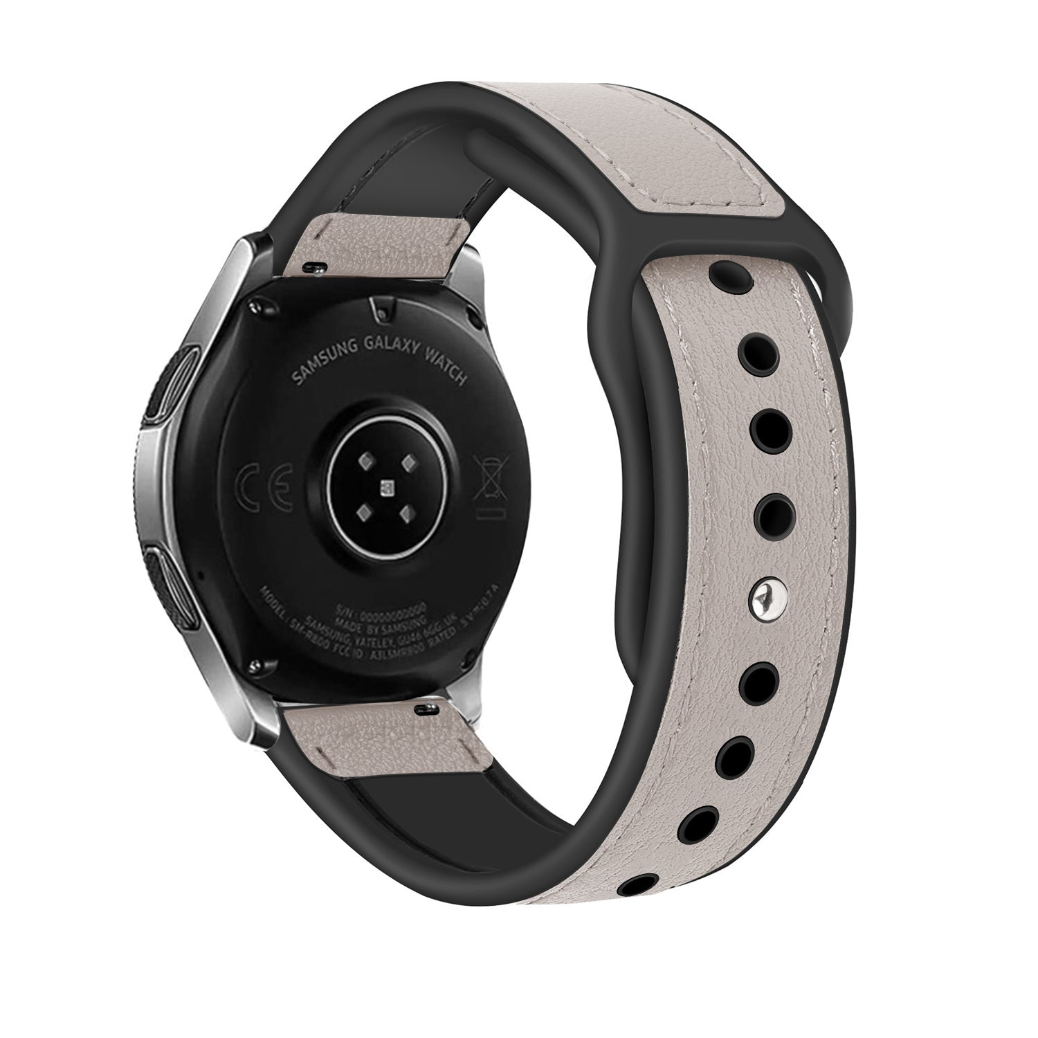 Eine Samsung Galaxy Watch mit schwarzem Gehäuse und hellgrauem Lederarmband. Das Armband hat mehrere Löcher zur Anpassung.