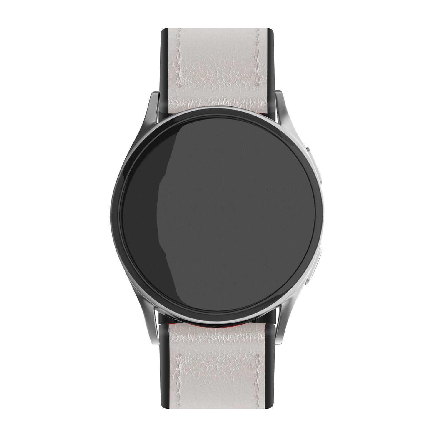 Eine silberne Smartwatch mit schwarzem Bildschirm und hellgrauen Lederarmbändern. Die Uhr ist auf weißem Hintergrund zentriert.