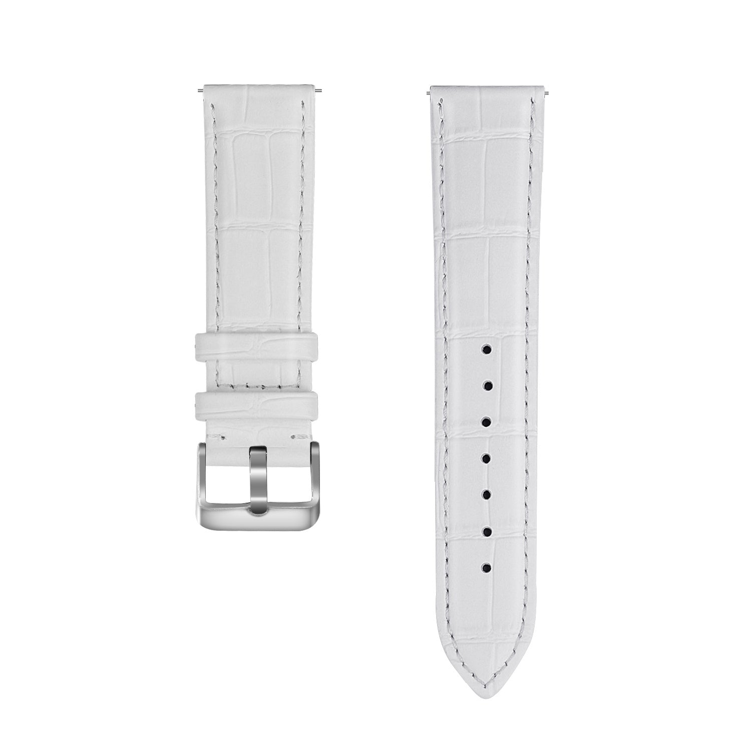 Zwei weiße Uhrenarmbänder liegen auf weißem Hintergrund. Eines hat eine Schnalle, das andere Löcher zum Befestigen.