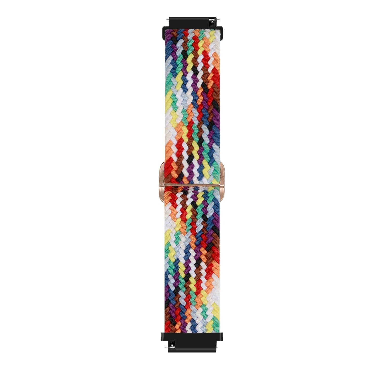 Ein farbenfrohes geflochtenes Uhrenarmband mit verschiedenen Farben, darunter Weiß, Rot, Gelb und Lila, vor weißem Hintergrund.