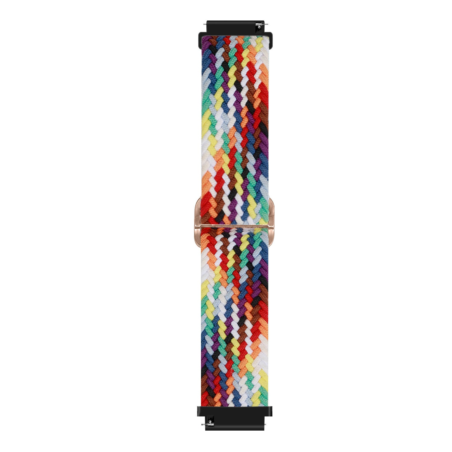 Ein bunt geflochtenes Uhrenarmband mit einer Mischung aus lebendigen Farben wie Weiß, Orange, Grün und Lila, mit goldener Hardware.