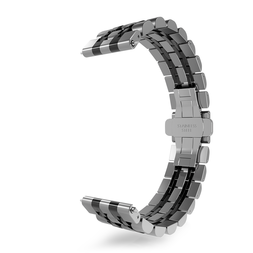 Ein Edelstahl-Uhrenarmband, das sich auf weißem Hintergrund krümmt. Das Band hat abwechselnd silberne und schwarze Glieder mit einer Schnalle mit der Aufschrift "Edelstahl".