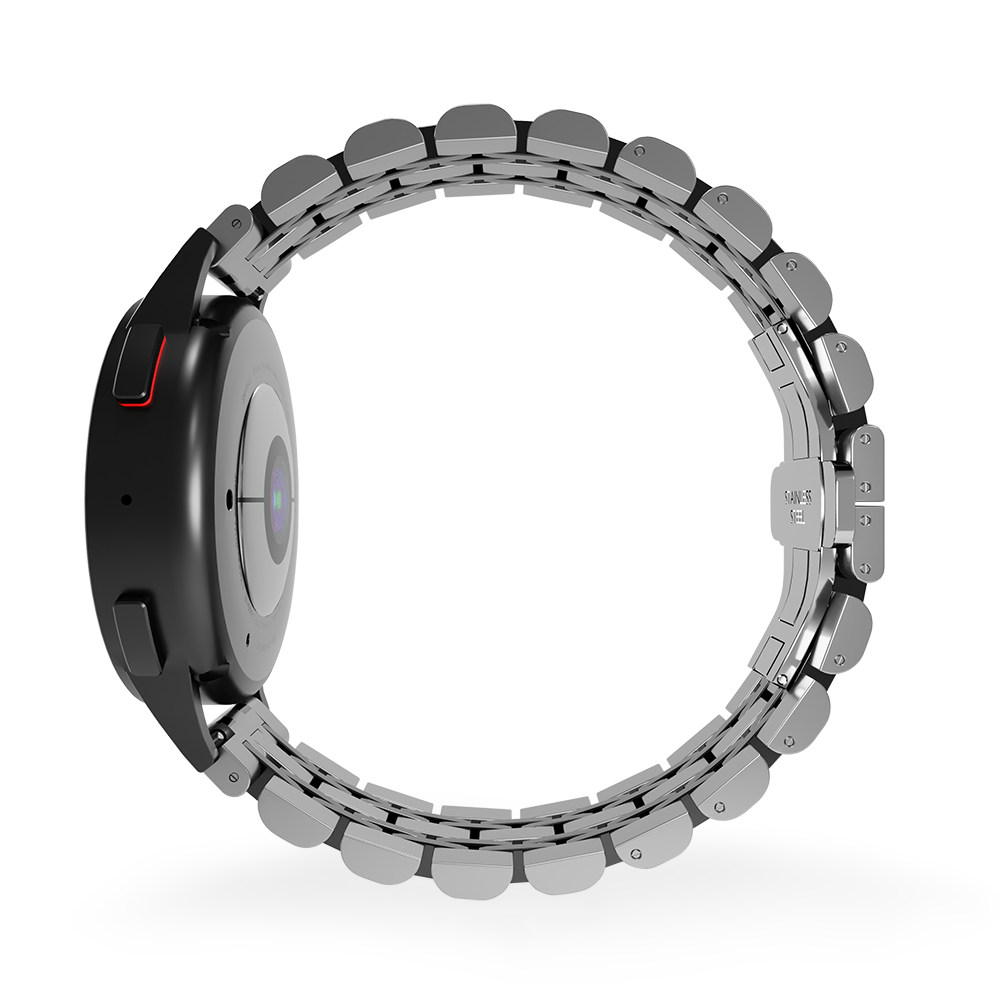 Schwarze Smartwatch mit silbernem Metallband, kreisförmiges Design. Die Uhr ist angewinkelt und zeigt die Rückseite und Seite. Weißer Hintergrund.