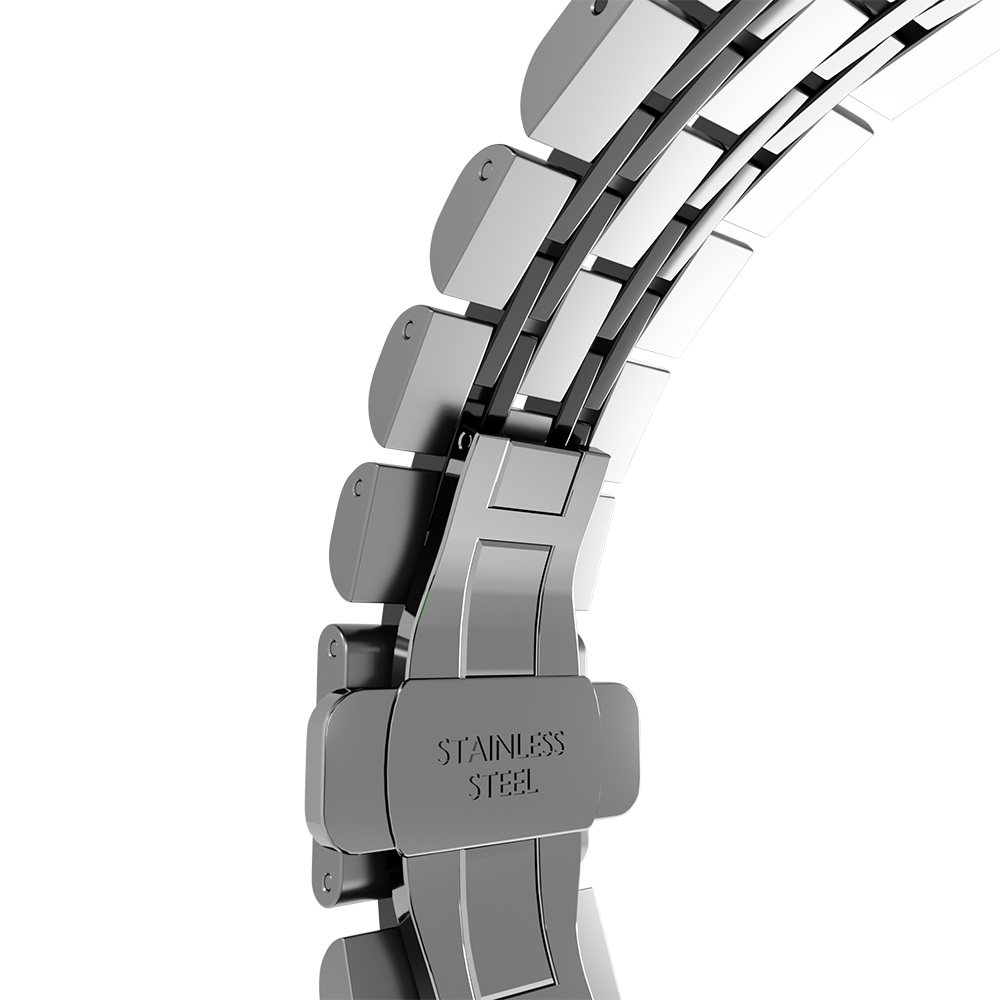Nahaufnahme eines metallischen Uhrenarmbands. Das gebogene Band hat rechteckige Glieder und ist mit "STAINLESS STEEL" beschriftet.