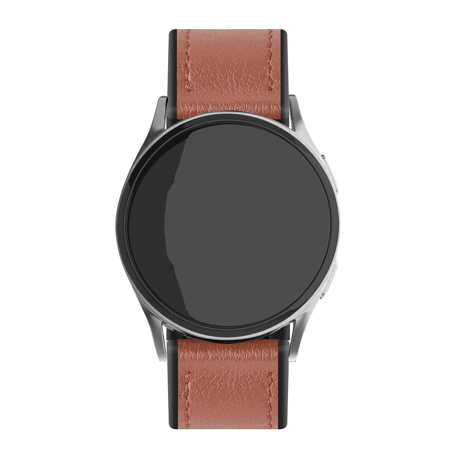 Eine Smartwatch mit braunem Lederarmband. Das Zifferblatt ist schwarz. Die Uhr hat ein silbernes Metallgehäuse.