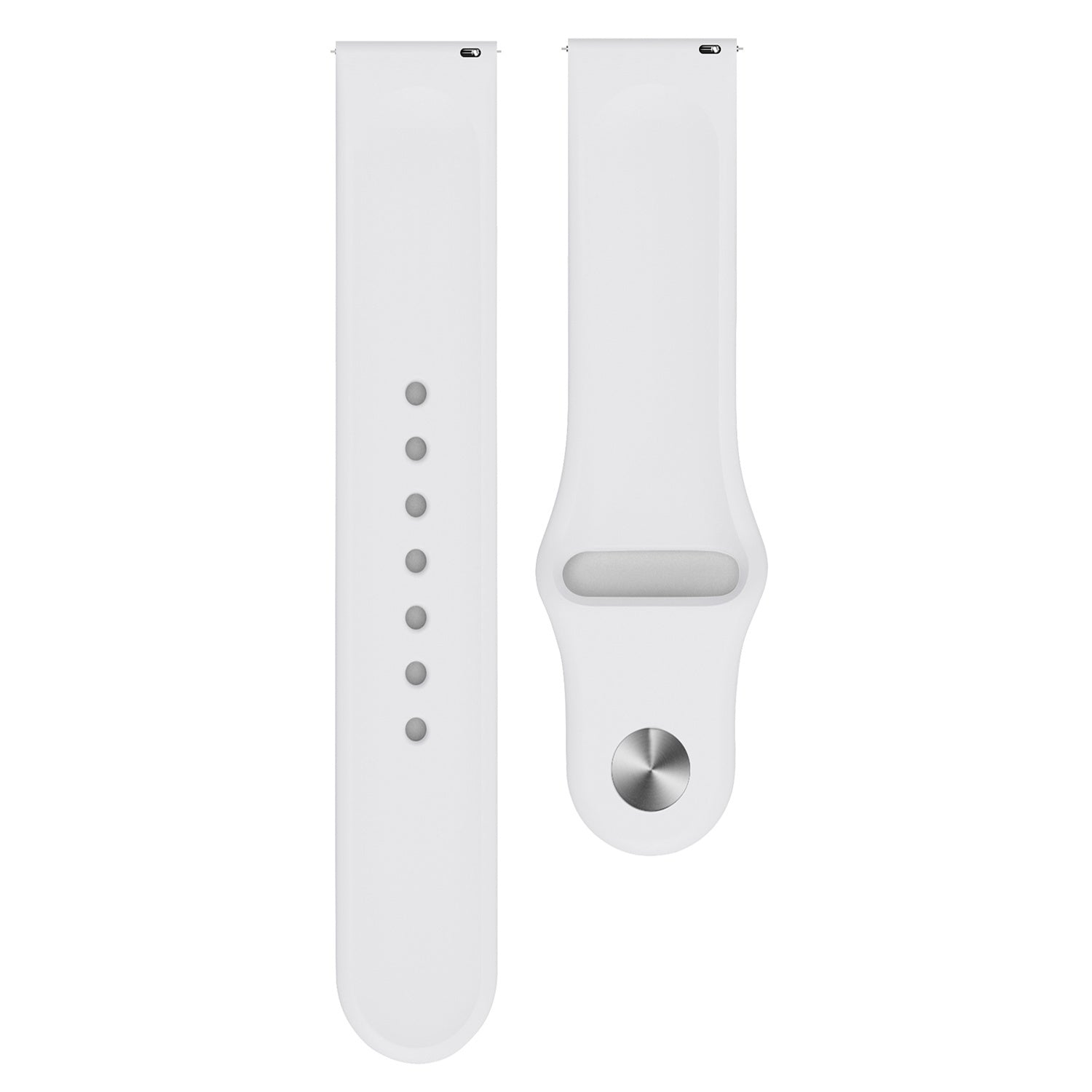 Zwei weiße Uhrenarmbänder auf weißem Hintergrund. Ein Armband hat Löcher, das andere einen Metallknopf.