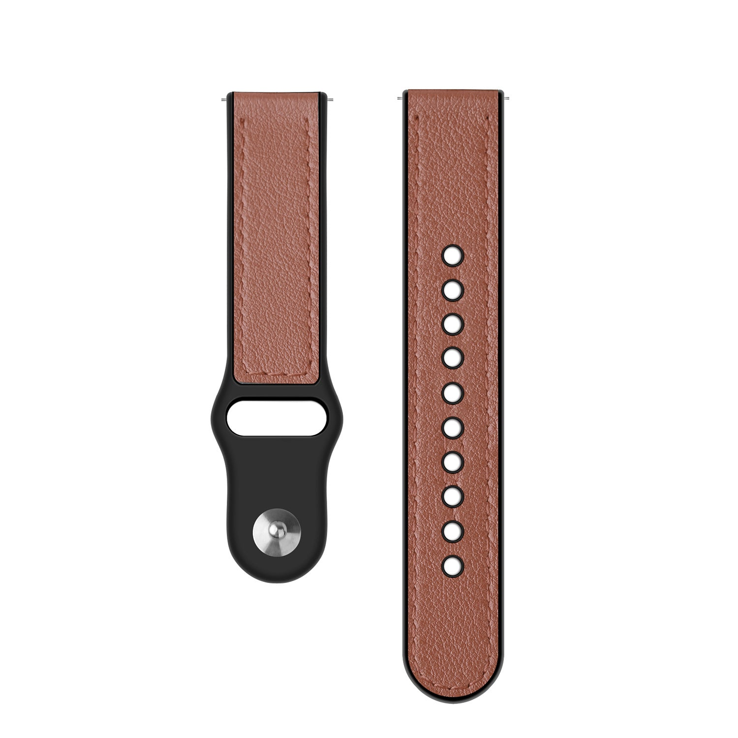 Zwei braune Leder-Armbänder, eines mit Löchern, das andere mit schwarzem Verschluss und silbernem Knopf, auf weißem Hintergrund.