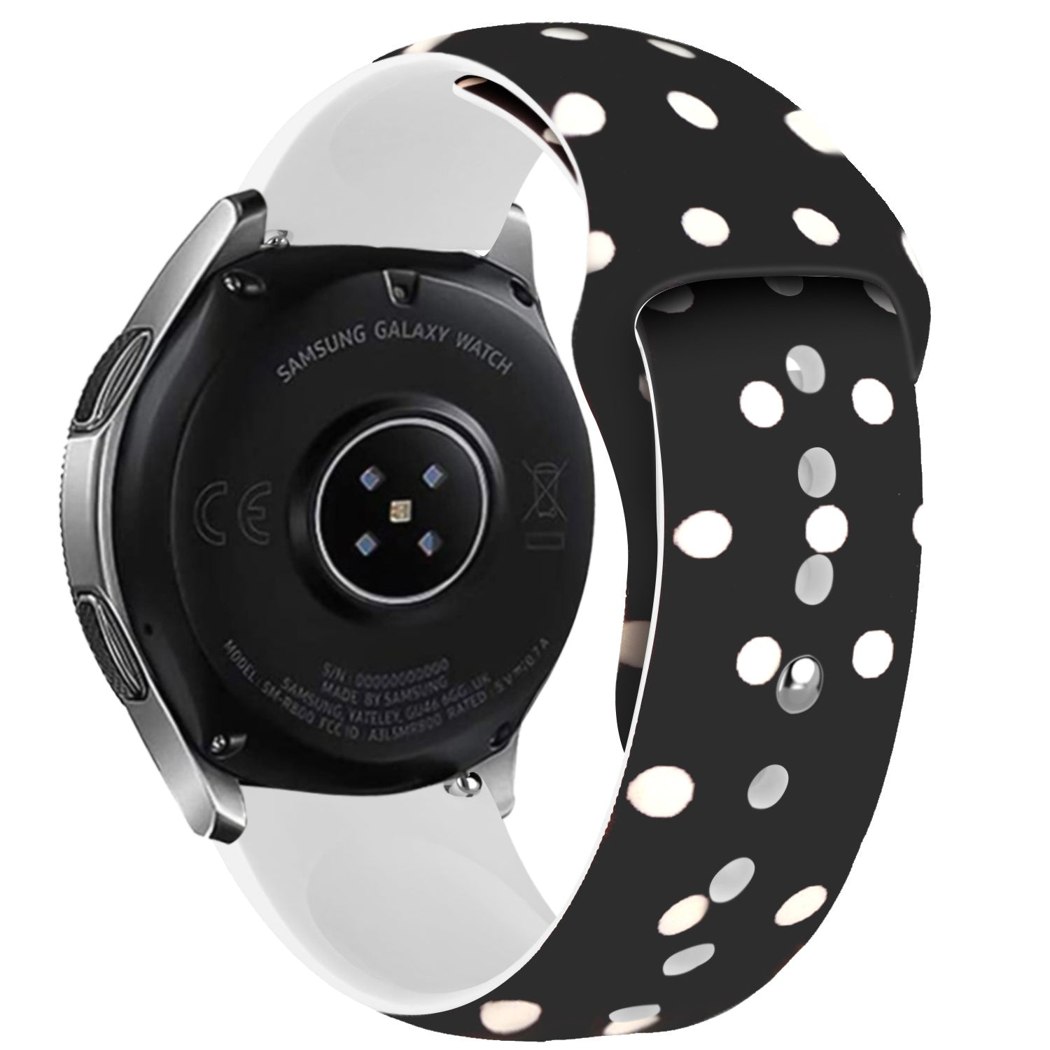 Eine Samsung Galaxy Watch, die Rückseite ist sichtbar. Schwarzes Zifferblatt, weißes Armband und ein schwarzes Polka-Dot-Armband sind sichtbar. Die Uhr ist silberfarben.