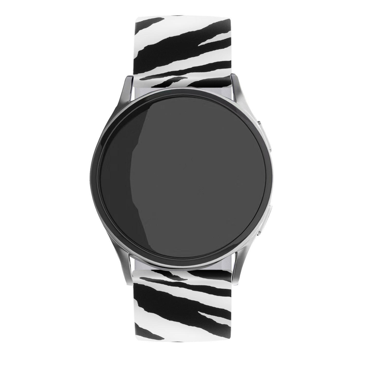 Eine runde Smartwatch mit einem Armband im Zebramuster. Das Zifferblatt ist schwarz, das Metallgehäuse silberfarben. Das Band ist schwarz und weiß.