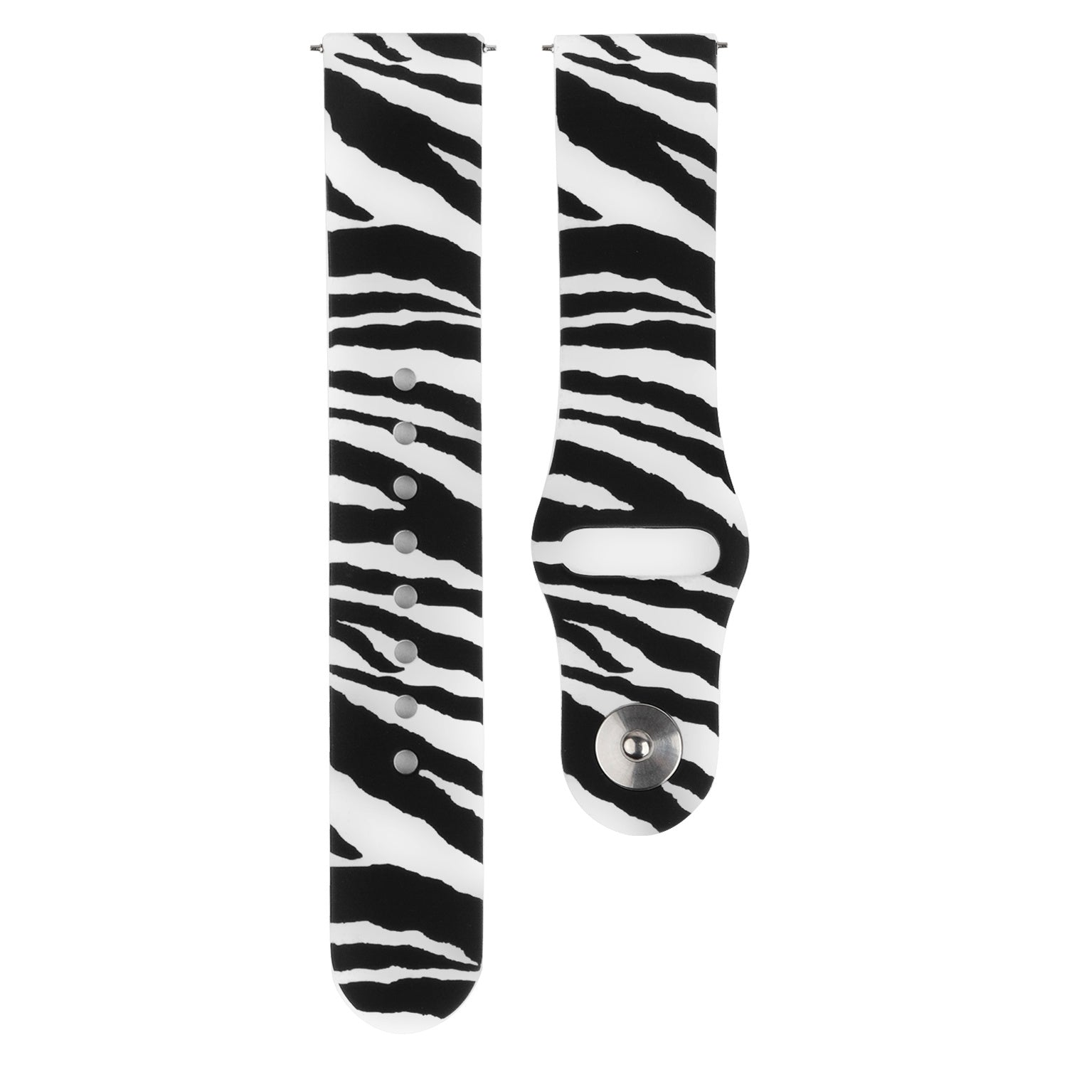 Zwei Uhrenarmbänder mit Zebrastreifen. Schwarze Streifen auf weißem Hintergrund. Metallverschlüsse an den Enden und ein Knopfverschluss.