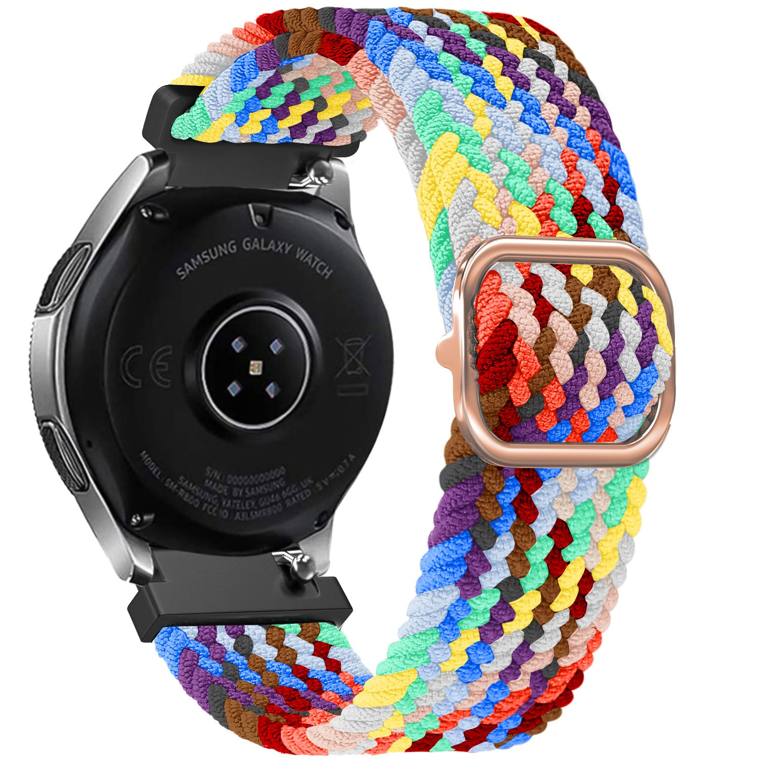 Eine Samsung Galaxy Watch mit einem bunten geflochtenen Armband. Die Uhr ist schwarz und silber. Das Armband ist in mehreren Farben geflochten.